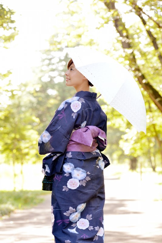 浴衣を着て日傘をさす女性の後ろ姿