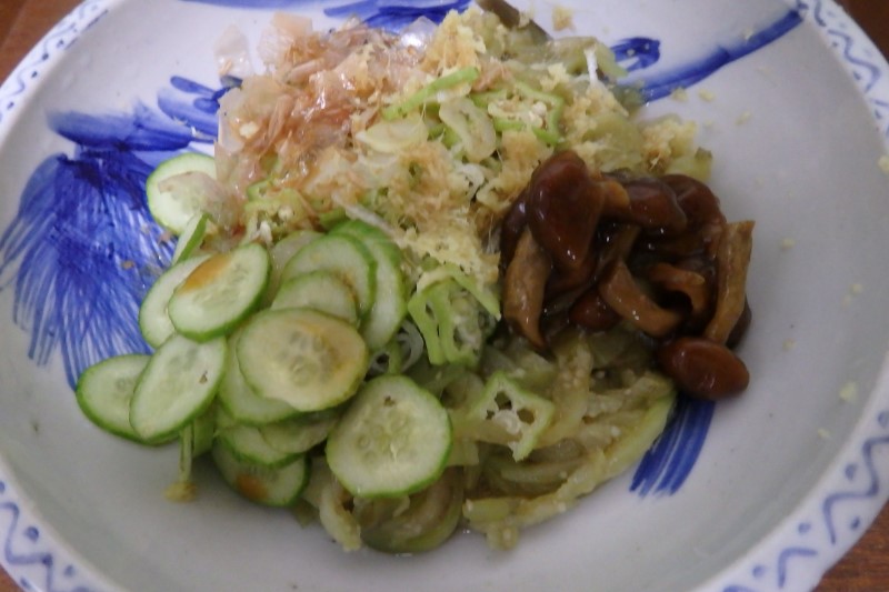 オバ自作の”なすうどん”。きゅうり、なめこ、ねぎなどをトッピング