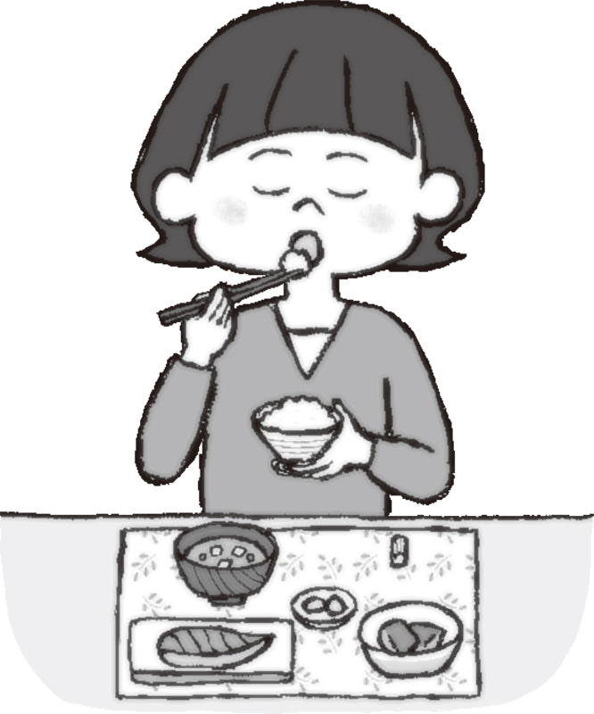 ダイニングで和食を食べる女性のイラスト