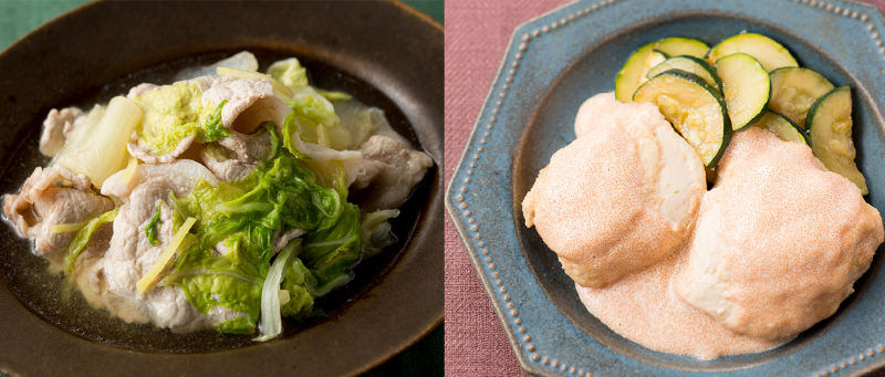 今回レシピを紹介する豚肉と白菜のさっと煮、鶏むね肉のたらこマヨネーズの出来上がり写真