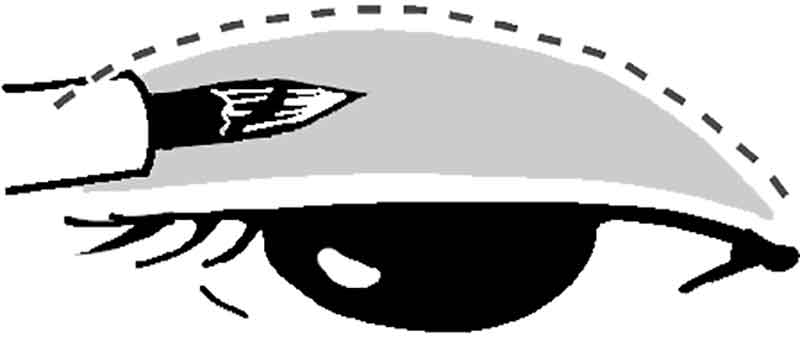 まぶたに筆でのりをぬっている