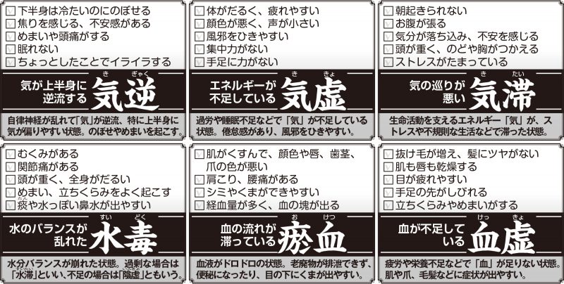 質問に答えて６つに分けた体のタイプを診断する表