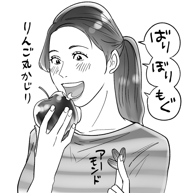 りんごを丸かじりする女性のイラスト