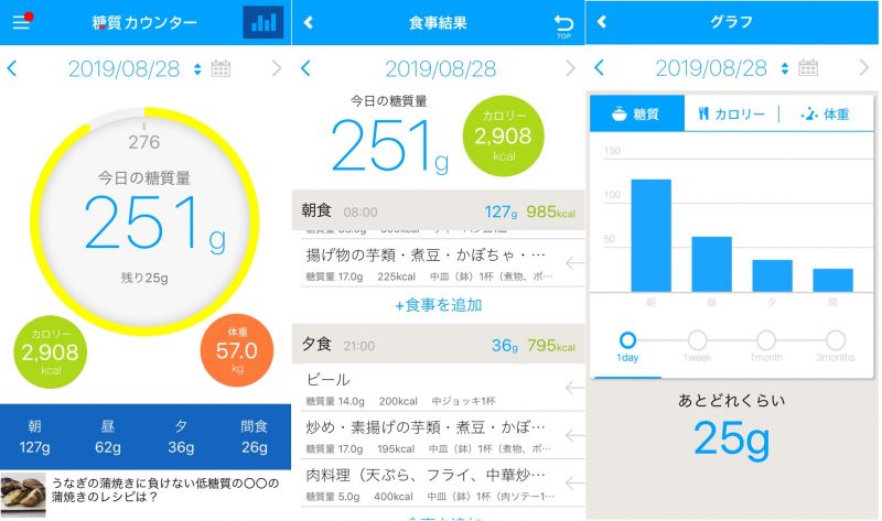 ダイエットアプリ「糖質カウンター」の使用例画面3枚