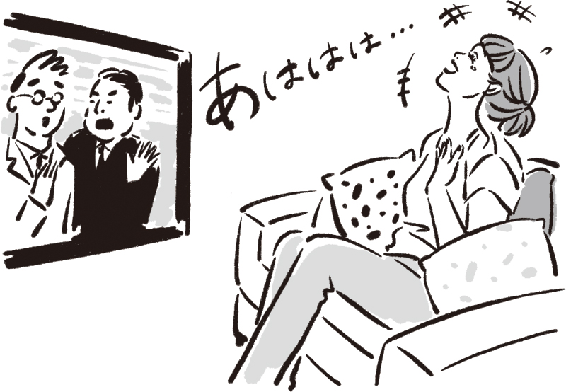 テレビを見て笑う女性のイラスト