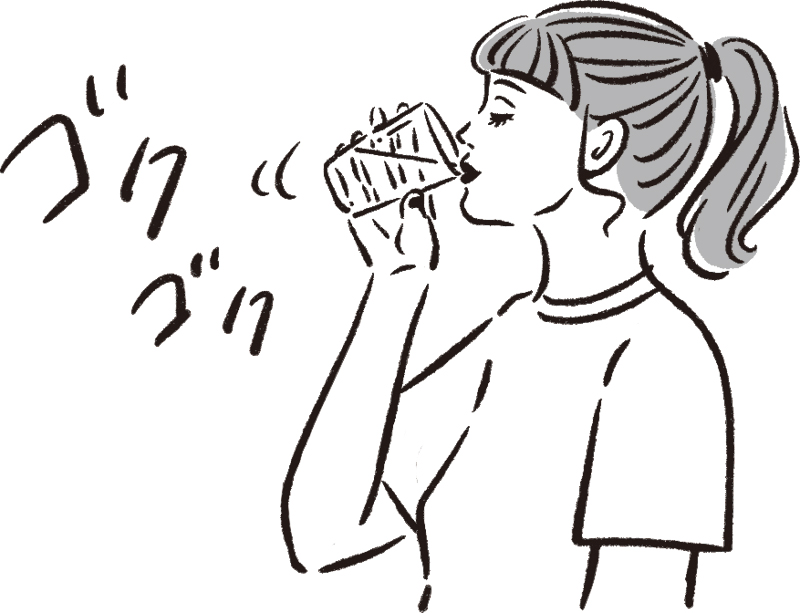 コップの水をゴクゴク飲む女性のイラスト