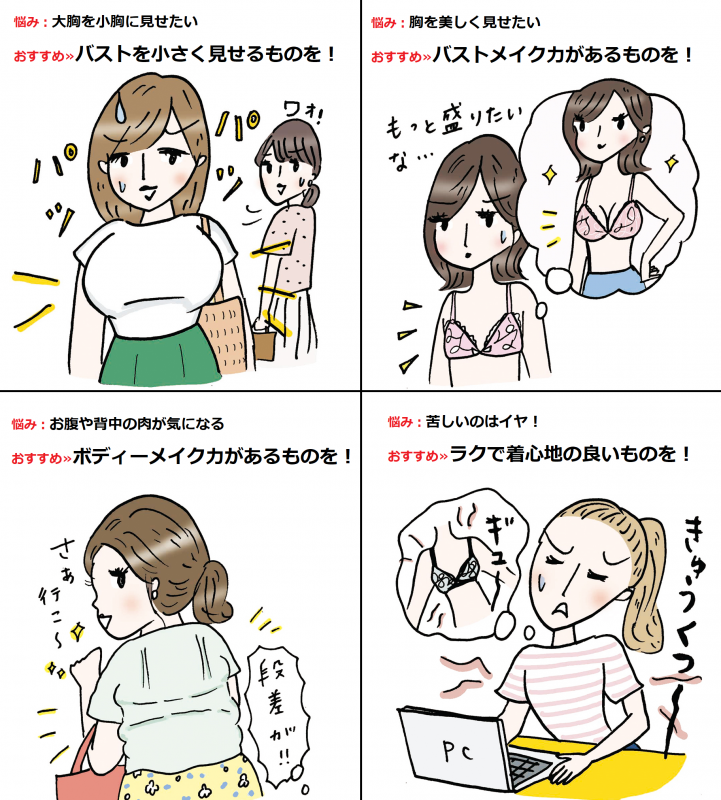 4つのバストのお悩み解決法をイラストで解説