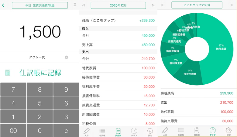 会計アプリ「Taxnote」の使用中の画面