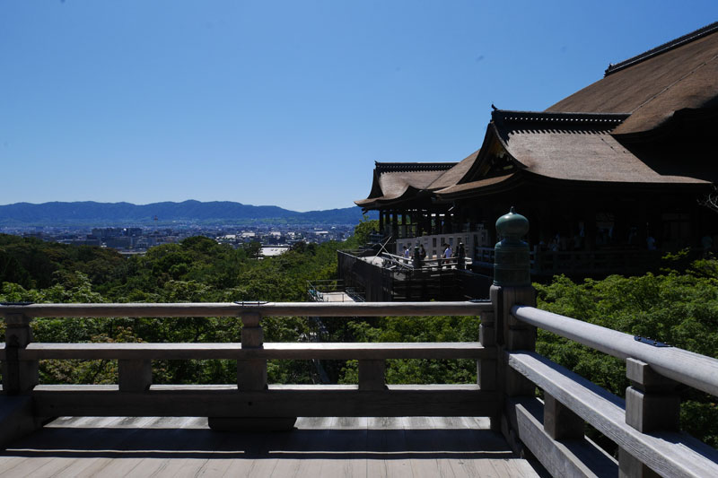 コロナ禍でも人が多い清水寺は早朝の拝観がおすすめ。奥の院付近から本堂を臨めます