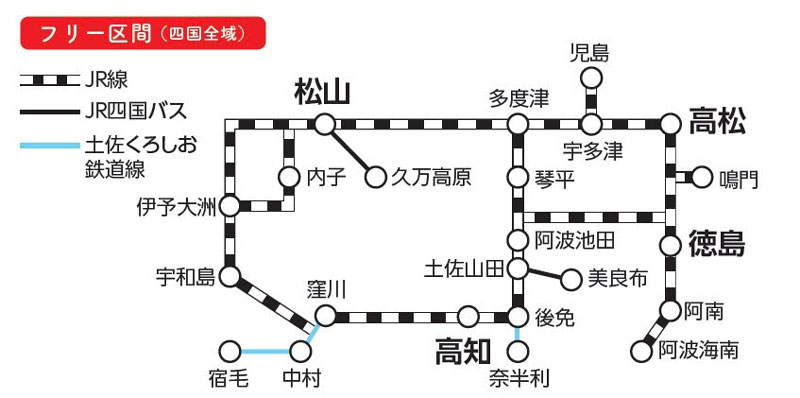 四国アフターDC満喫きっぷのフリー区間。特急列車の自由席にも乗車できる