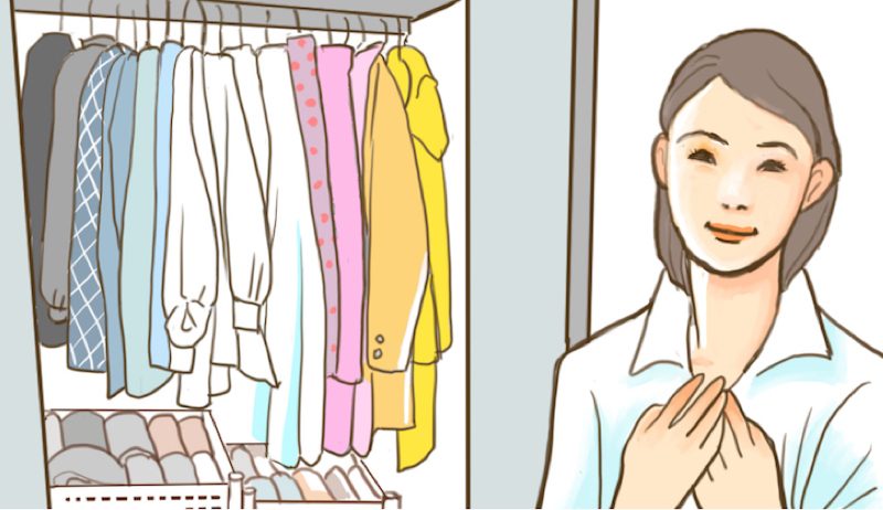 グラデーションに服が並んだクローゼットと笑顔の女性のイラスト