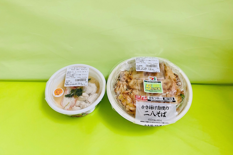 『かき揚げ自慢の二八そば』（セブン-イレブン）＋『たんぱく質が摂れる豆乳茶碗蒸し』（セブン-イレブン）