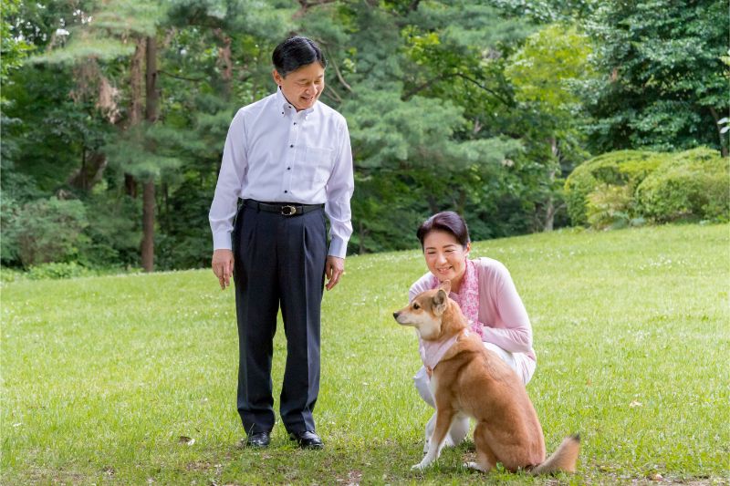 愛犬と楽しそうに戯れるお二人（2018年6月5日、Ph／宮内庁提供）