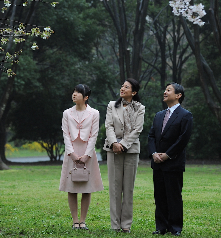 2016年4月、東京・立川市の国営昭和記念公園で桜をめでながらご散策の天皇皇后両陛下と愛子さま