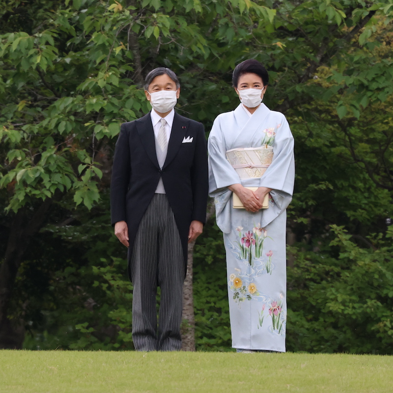 ペールブルーの着物に紫や黄色の花が映える（2023年5月11日、Ph/JMPA）