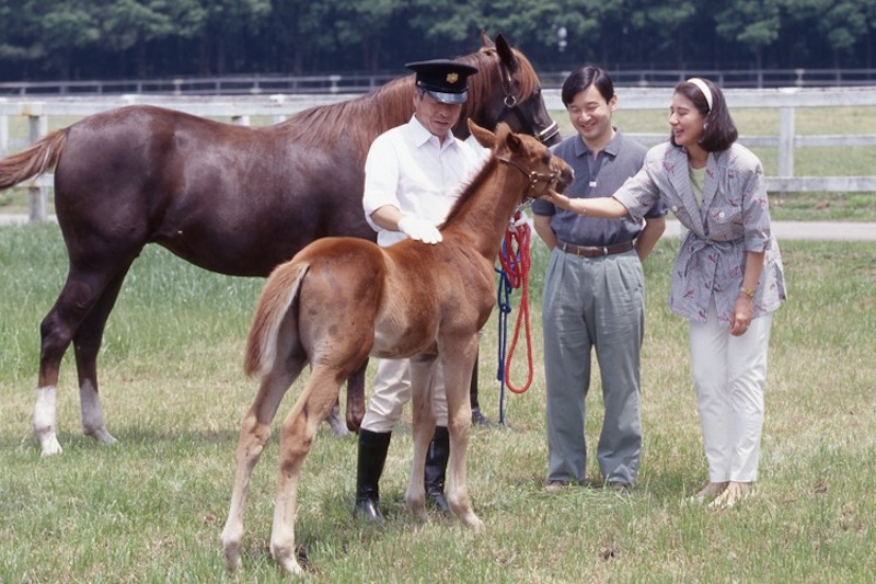 オマーン国王から贈られたアハージージュとその子、豊歓と過ごされる両陛下 （1997年、Ph／JMPA）