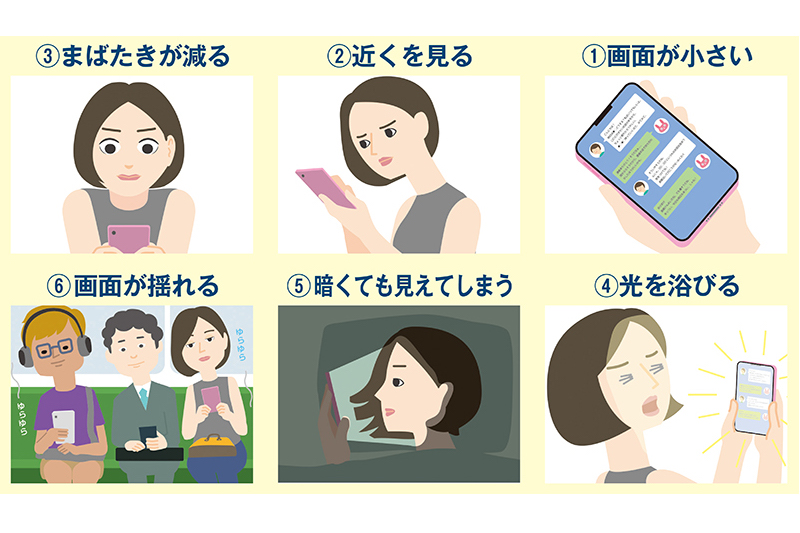 「近くで見る」などスマホを使う上で目に悪いこと6つのイラスト