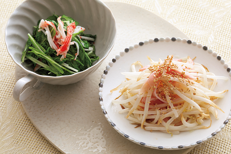 「水菜とかにかまの煮びたしともやしの中華風」