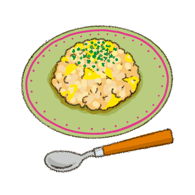 平皿に盛り付けた親子丼のイラスト