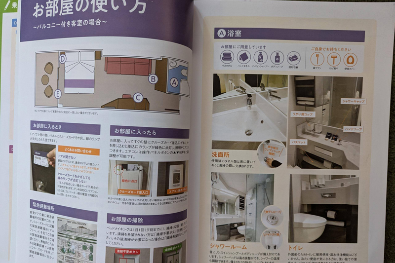 準備やクルーズ生活がよくわかる。筆者は前回乗船時に気が付かなかった部屋の設備をこの冊子で発見。知らなかった～ということが結構ある