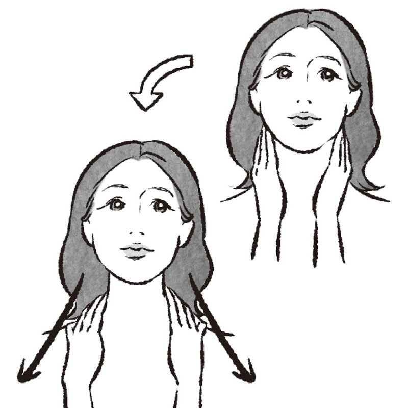 【2】の状態から後頭部→耳の後ろ→首の横→鎖骨へと4本の指をはわせる　（イラスト／ico.）