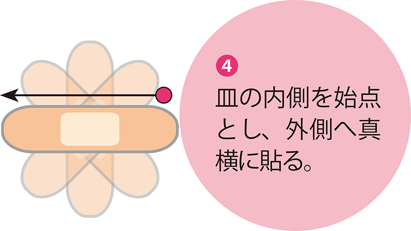 皿の内側を始点とし、外側へ真横に貼る