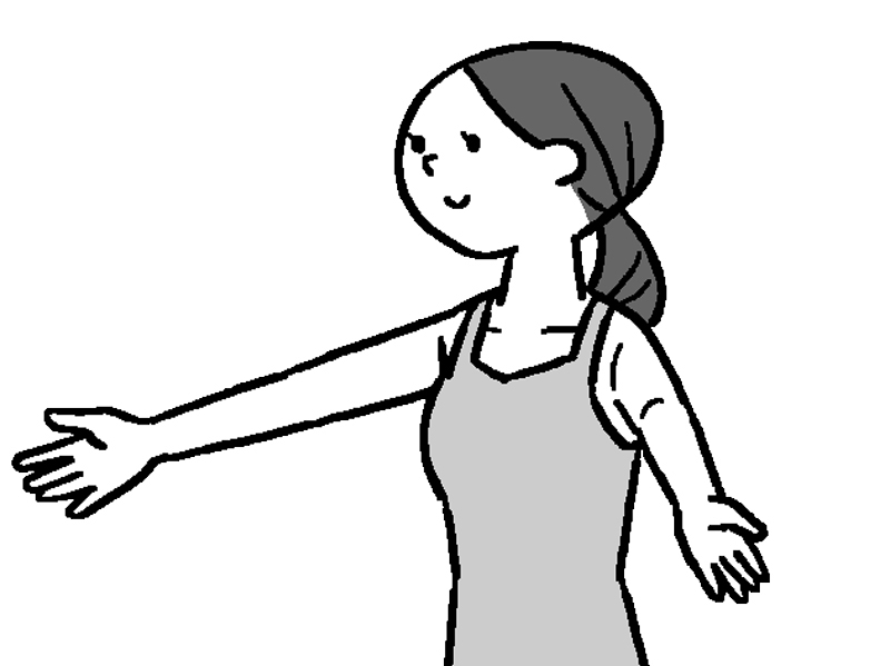 手のひらが内側に向くようにひねりながら、ゆっくりと腕を広げて胸を開く女性のイラスト