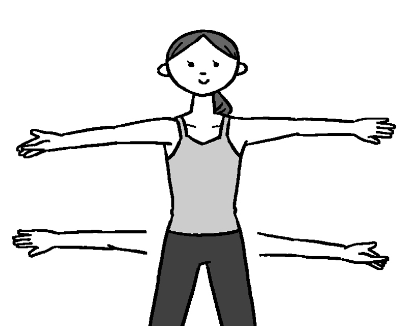 両腕を真横に伸ばし、右の手のひらは下向きに、左の手のひらを上向きにし、内側から外側に向かって、ひじの位置が逆向きになるまでしっかりとひねる女性のイラスト