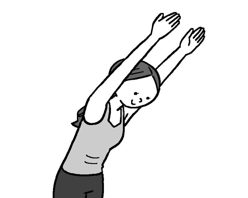 前傾した姿勢のまま、ひじの高さと位置は変えずに、腕を上に伸ばす女性のイラスト