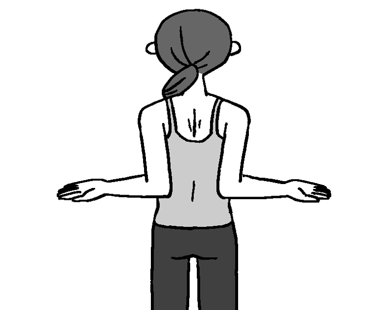 手のひらを上に返しながらひじを曲げて背中まで引く女性のイラスト