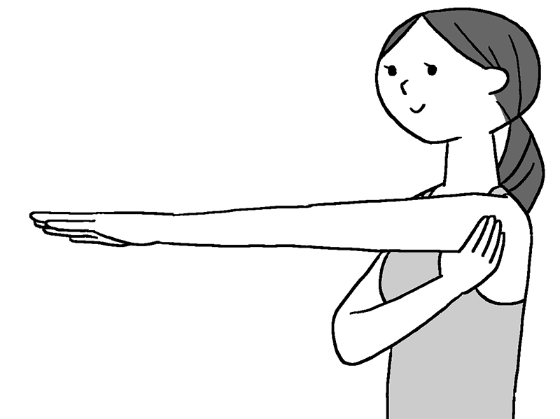 左のわきに右手の親指を差し入れて、それ以外の4本の指で肩の下あたり（押すとゴリっとして痛い部分）をつかむ女性のイラスト
