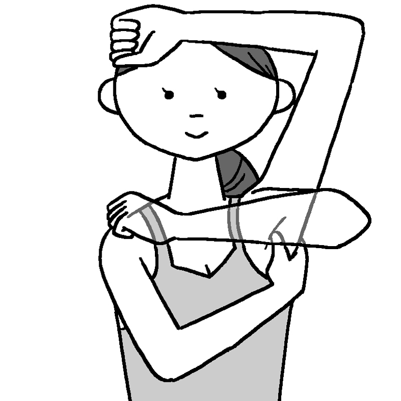 右手で左のわきと肩の筋肉をつかんだまま、左ひじを曲げ、肩の高さまで腕を平行に上げる女性のイラスト