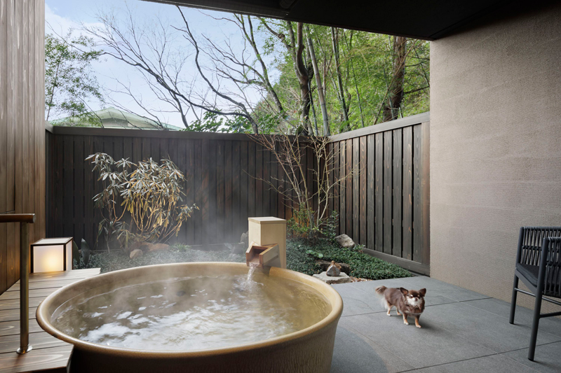 綾館のドッグルーム。専用のドッグランもあり、本館にはワンちゃんと一緒に湯汲ができるドッグルームもある