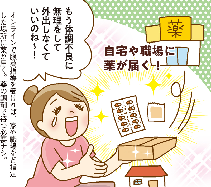 自宅や職場に薬が届く！オンラインで服薬指導を受ければ、家や職場など指定した場所に薬が届く。薬の調剤で待つ必要ナシ