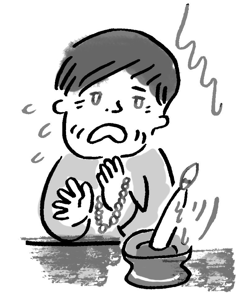 仏壇の火で…（イラスト／はまさきはるこ）