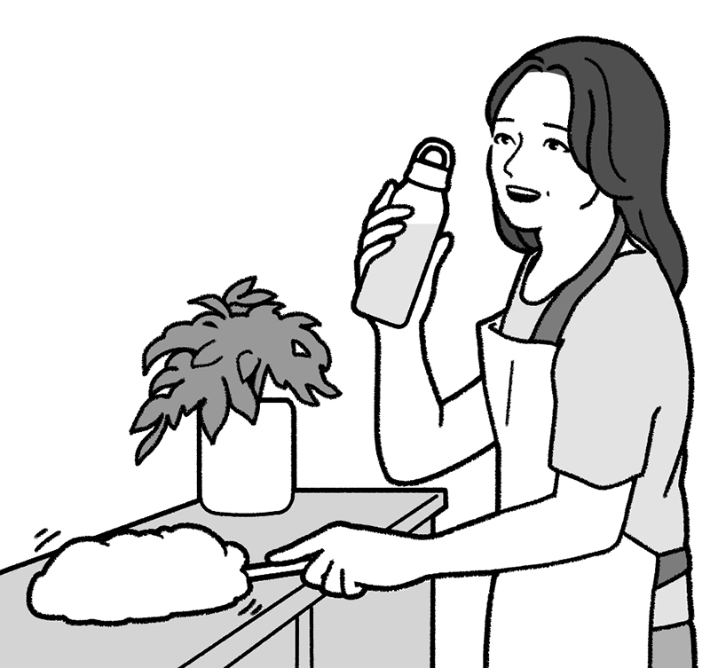 家事の合間に水を飲む女性のイラスト