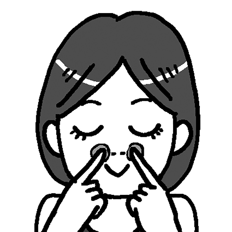 迎香（小鼻の脇のくぼみ）のツボを左右の指で挟むように3秒押す（イラスト／なとみみわ）