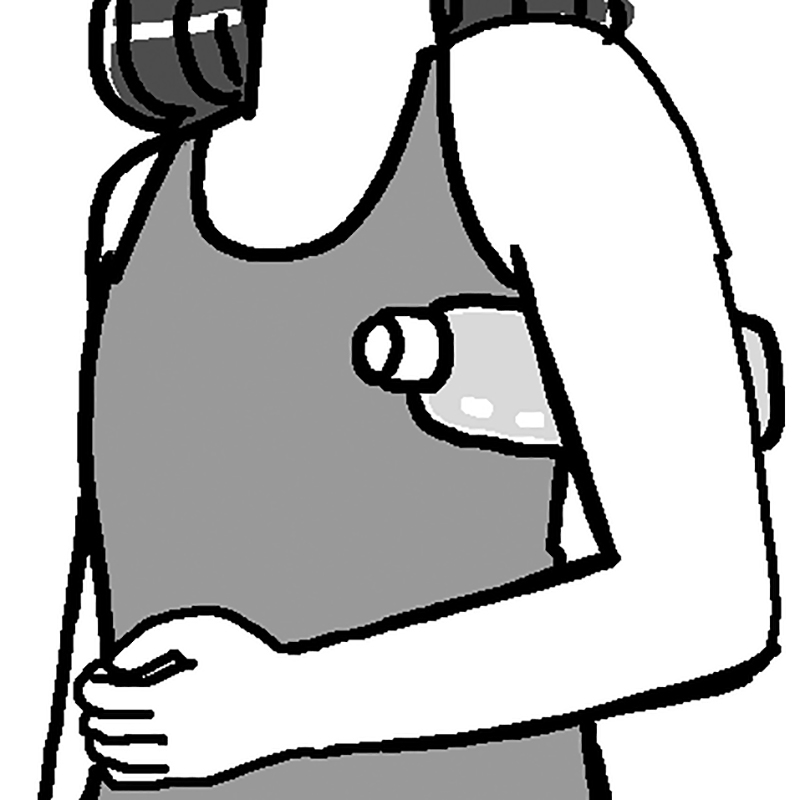 脇の下に硬めのペットボトル（500ml）を挟んで30秒間キープ　（イラスト／なとみみわ）