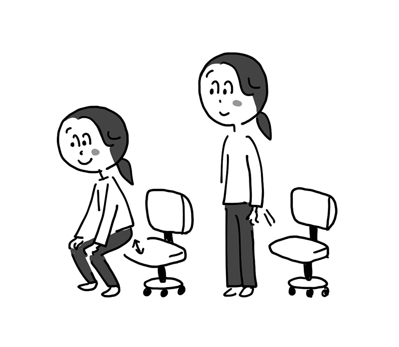 いすに座るよう腰を落とし、座る直前で立ち上がる（イラスト／とげとげ。）
