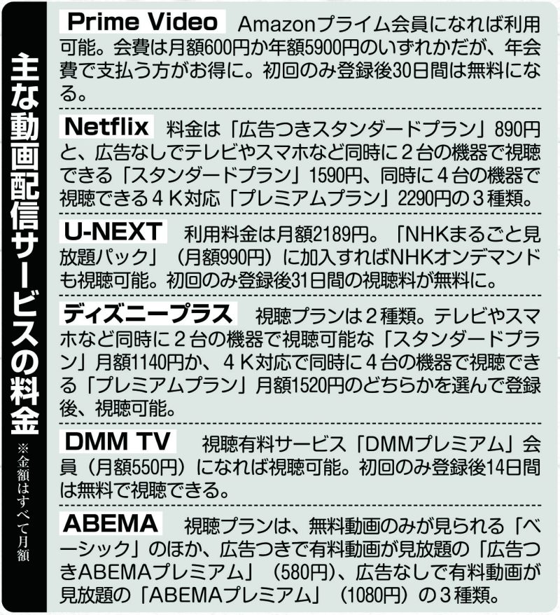 主な動画配信サービスの料金