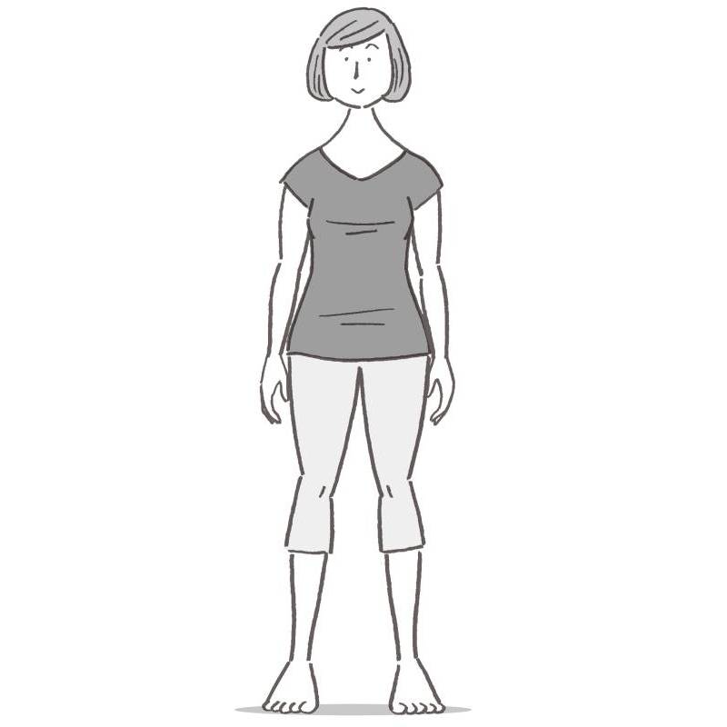 足を肩幅くらいに開き、背筋を伸ばして立つ。このとき、目線は前を向き、両手は自然に下ろす。ひざは少しゆるめる
