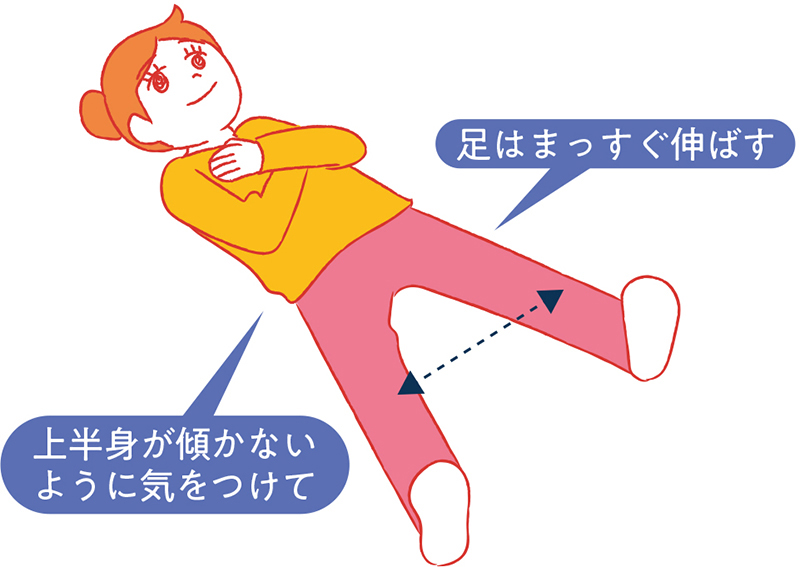 右足を伸ばして床から軽く浮かせて、息を吐きながら5秒かけて外側に45度ほど開く