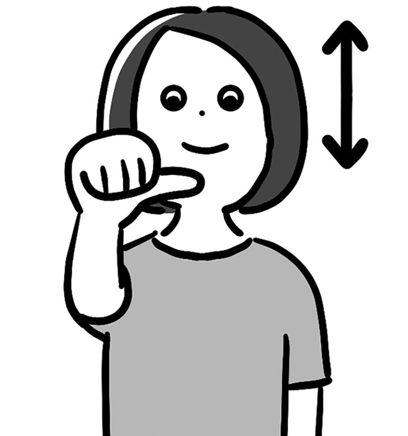 椅子に座り、右腕を肩の高さでまっすぐ前に伸ばしたら、手を握って親指を横に向ける。親指を見つめたまま、頭を上に30度、下に30度上げ下げする（イラスト／成瀬 瞳）
