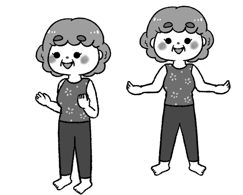 背中を開き、肩甲骨を寄せて、脇を締める（イラスト／TOKUDOME）