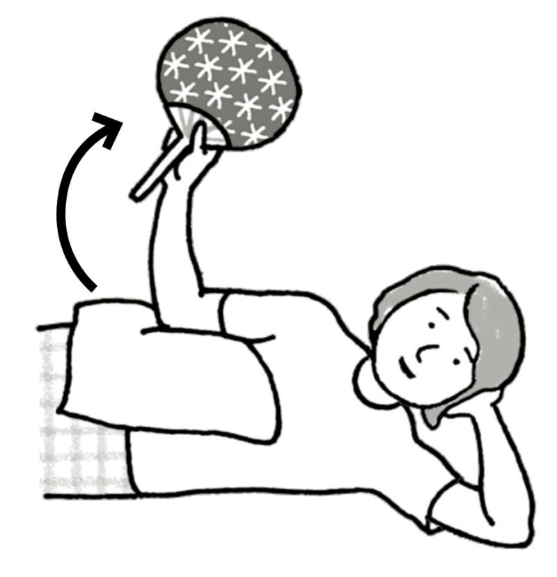 肩が痛い方の手でうちわを持ち、そちらを上にして横になり、反対の手で頭を支える。うちわは卓球のラケットのように柄の上の面の部分を親指と、残り4本の指で挟むように持ち、ひじは約90度に曲げる