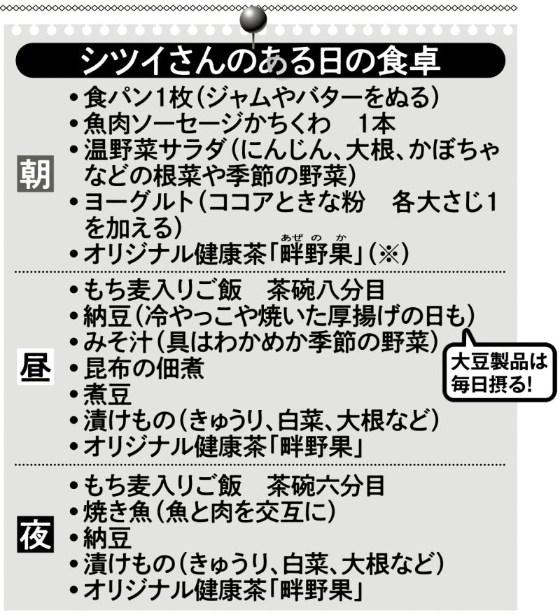 シツイさんのある日の食卓  ※息子の英政さんが開発し、特許を取得したお茶。アザミ・みょうが・ツユクサがブレンドされており、シツイさんも20年以上、毎日、朝昼晩の食後に愛飲（https://www.boxton.co.jp）。