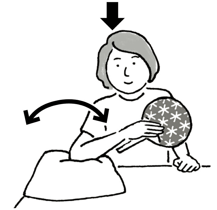 ひじを支点に、手首ではなくひじから先の腕を使って大きくゆっくりとうちわをあおぐ。【1】【2】を1分ほど繰り返す