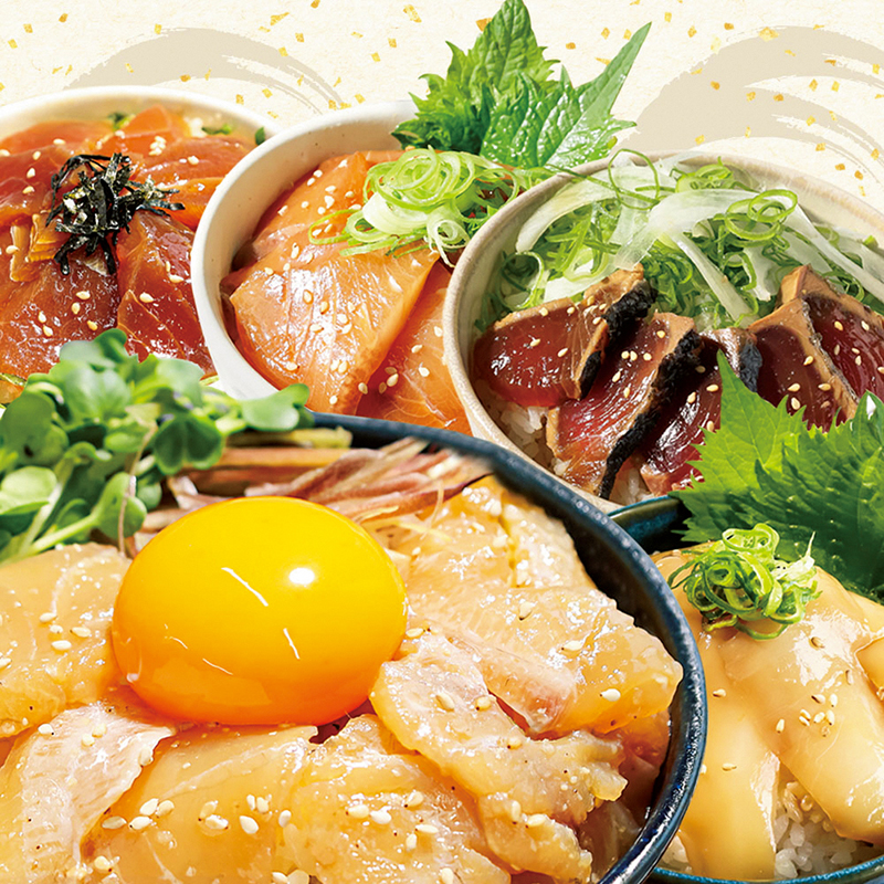 「訳あり 海鮮漬け丼5種セット　活き締めタイの醬油漬け丼 60g、活き締めブリの醬油漬け丼 60g、マグロの醤油漬け丼 60g、イカの醤油漬け丼 60g、わら焼き鰹たたき漬け丼 65g」