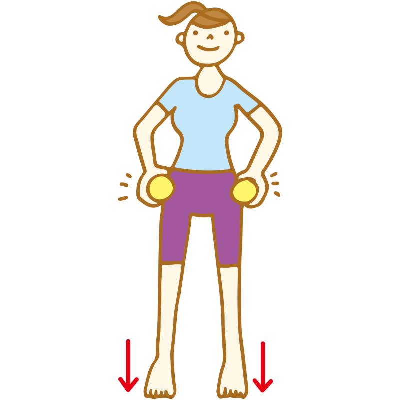 両足を肩幅程度に開き、つま先をまっすぐ前に向けて立ち、テニスボールを両手に持って中殿筋に当てる