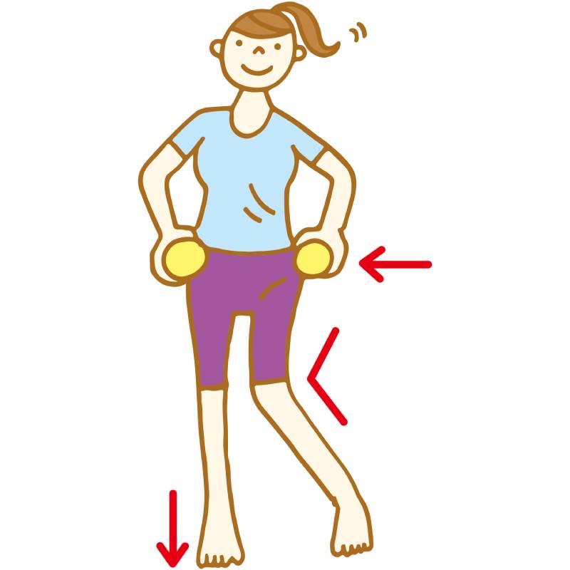 左ひざを軽く内側に曲げながら、右に腰を動かし、体重を右側に乗せる。このとき右ひざは曲げないように意識する